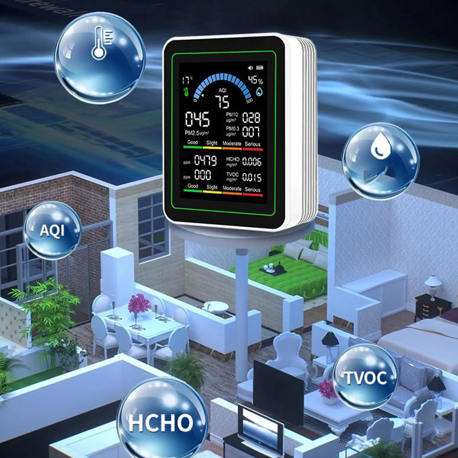 جهاز اختبار الهواء المنزلي، كاشف مراقبة جودة الهواء الداخلي، جهاز قياس الاستشعار المحمول لغرفة النوم، المنزل، المكتب، الداخلي والخارجي