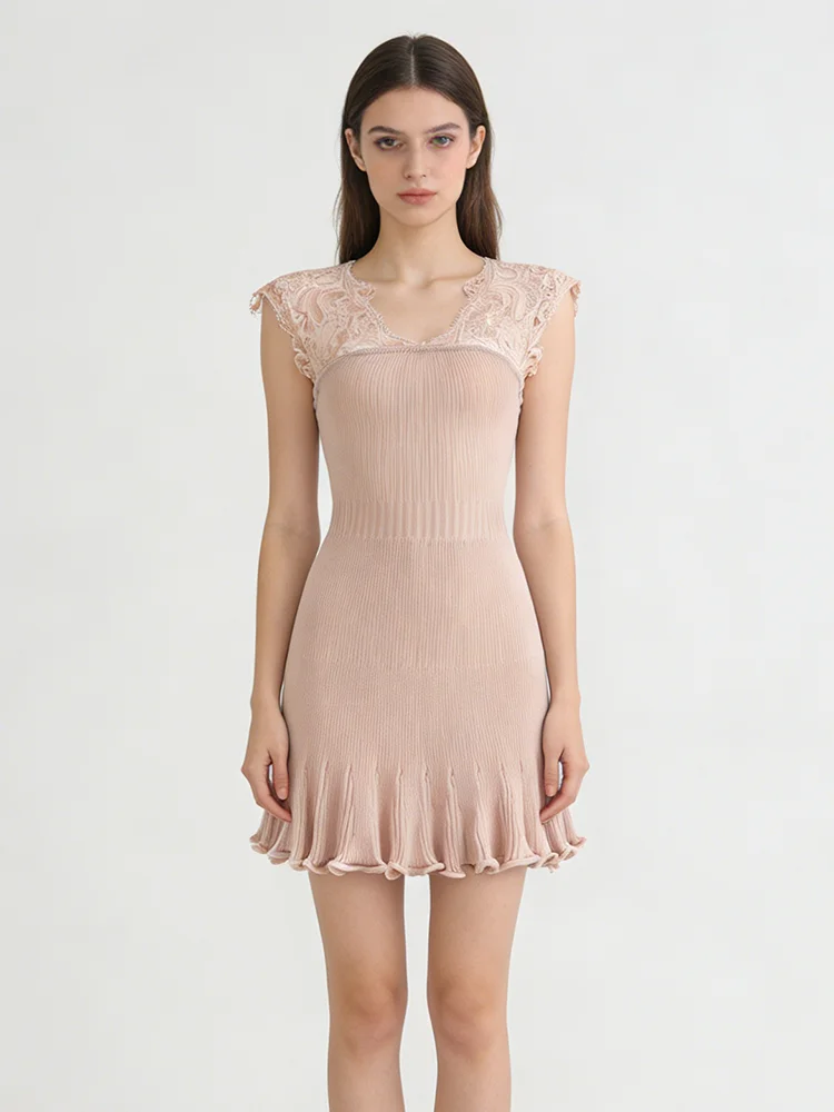 

Nova Women Lace Patchwork Knit Bodycon Mini Dress, Elegant Ruffle Hem Sleeveless Cocktail Party Dress