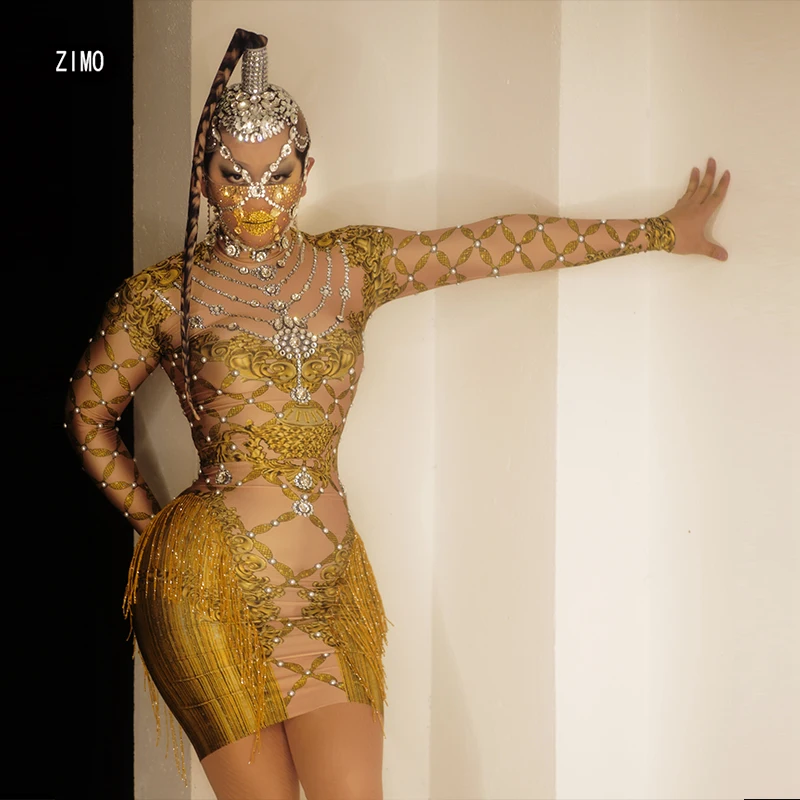 Seksowna Złota Sukienka z Frędzlami, Długim Rękawem i Cyrkoniami, Kostium Drag Queen, Strój dla Piosenkarki na Imprezę, Urodziny, do Klubu, na Scenę ​ Wieczorowe ubranie na przyjęcie