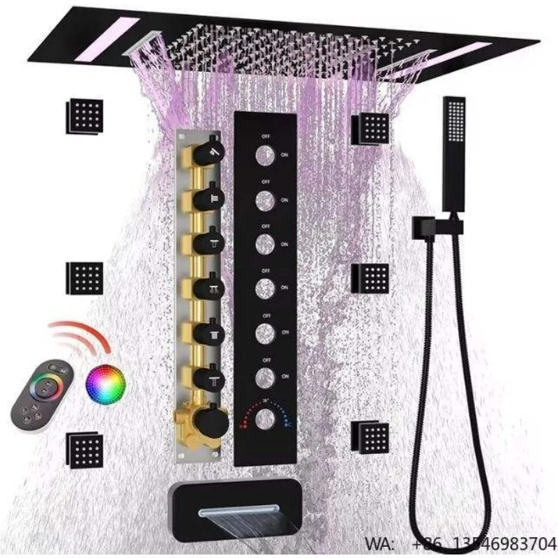 Large Modern Multifunctional LED Rainfall Shower Head Thermostatic Brass Bathroom Faucet System Jet Massage Matte Black Finish