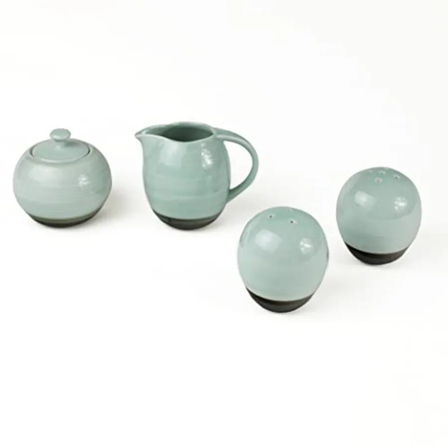 

Euro Ceramica Diana 4 Piece Dinnerware Accessory Set in Mint Green Graphic Grey for Modern Dining Tables Includes Functional an