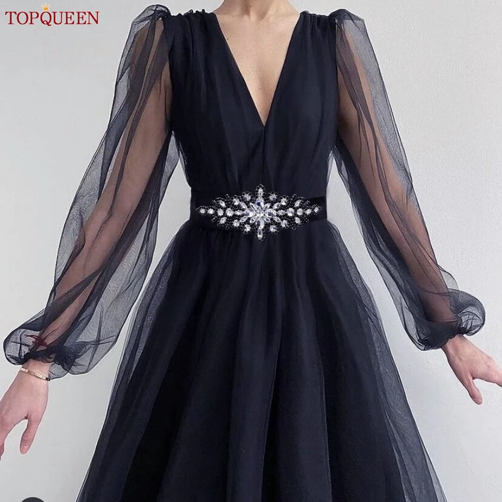 TOPQUEEN S01 New Black Rhinestone Belt Wedding Dress Bridal Sash Women'S Luxury Caftan Evening Waist Belt Gown Appliques