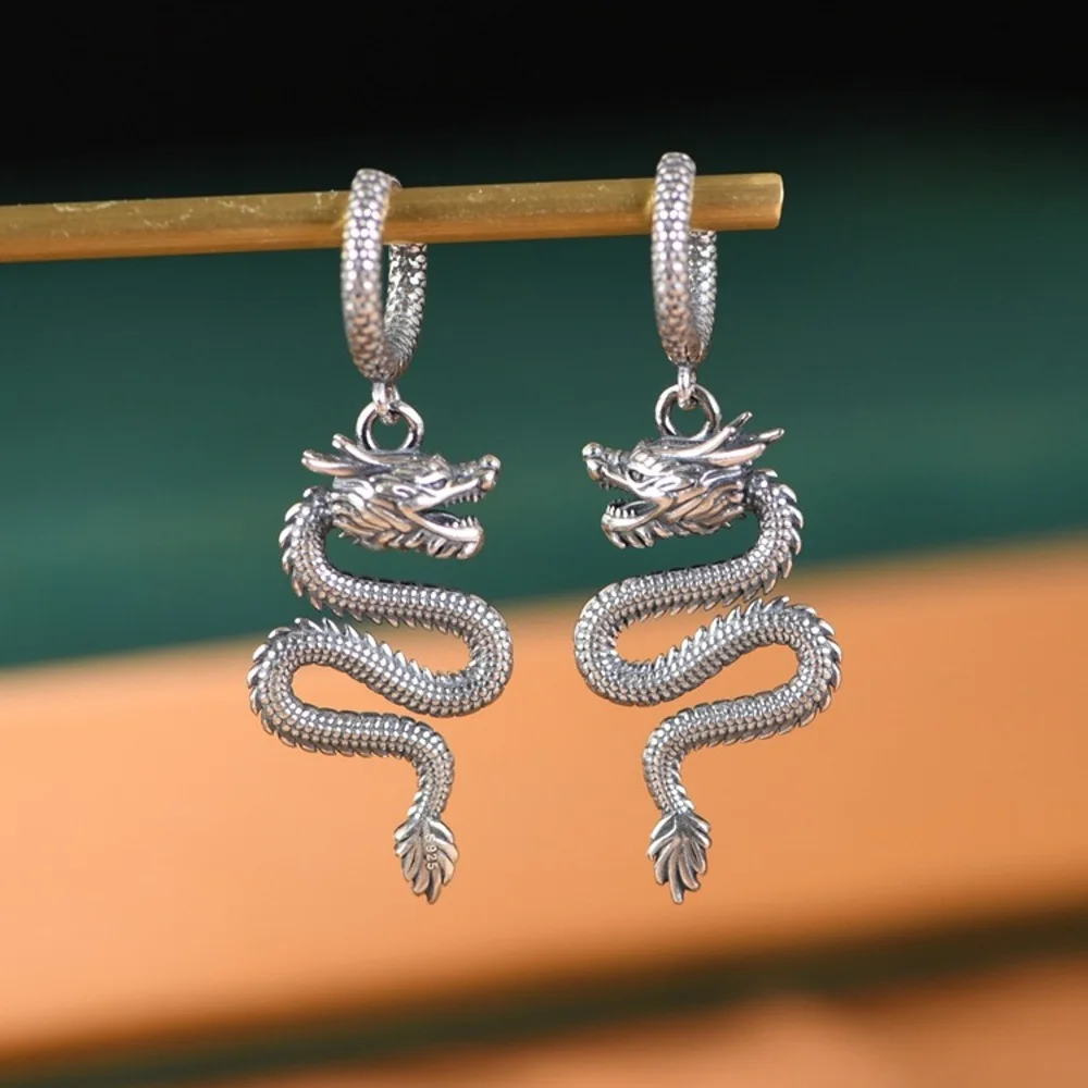 

Real Solid 925 Sterling Silver Hoop Men Women Gift Lucky Carved Zodiac Animal Dragon Dangle Earrings