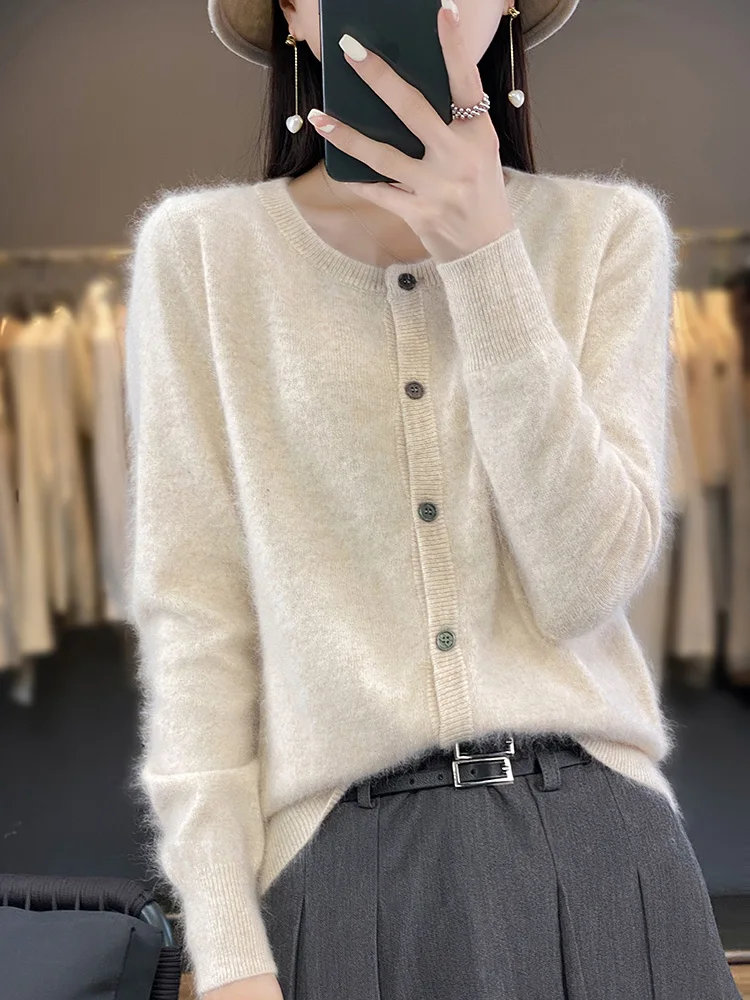 

Women O-neck Cashmere Cardigan Cable Knitting Basic 100% Mink Cashmere Sweater Soft Comfy Simple Style Autumn Winter Knitwear