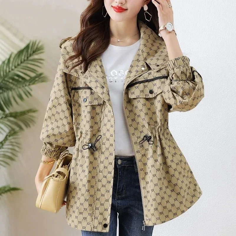 

2024 Spring Autumn Korean High-grade Casual Hooded Windbreaker Women Loose Temperament Fashion Print Trench Coat Female Outcoat