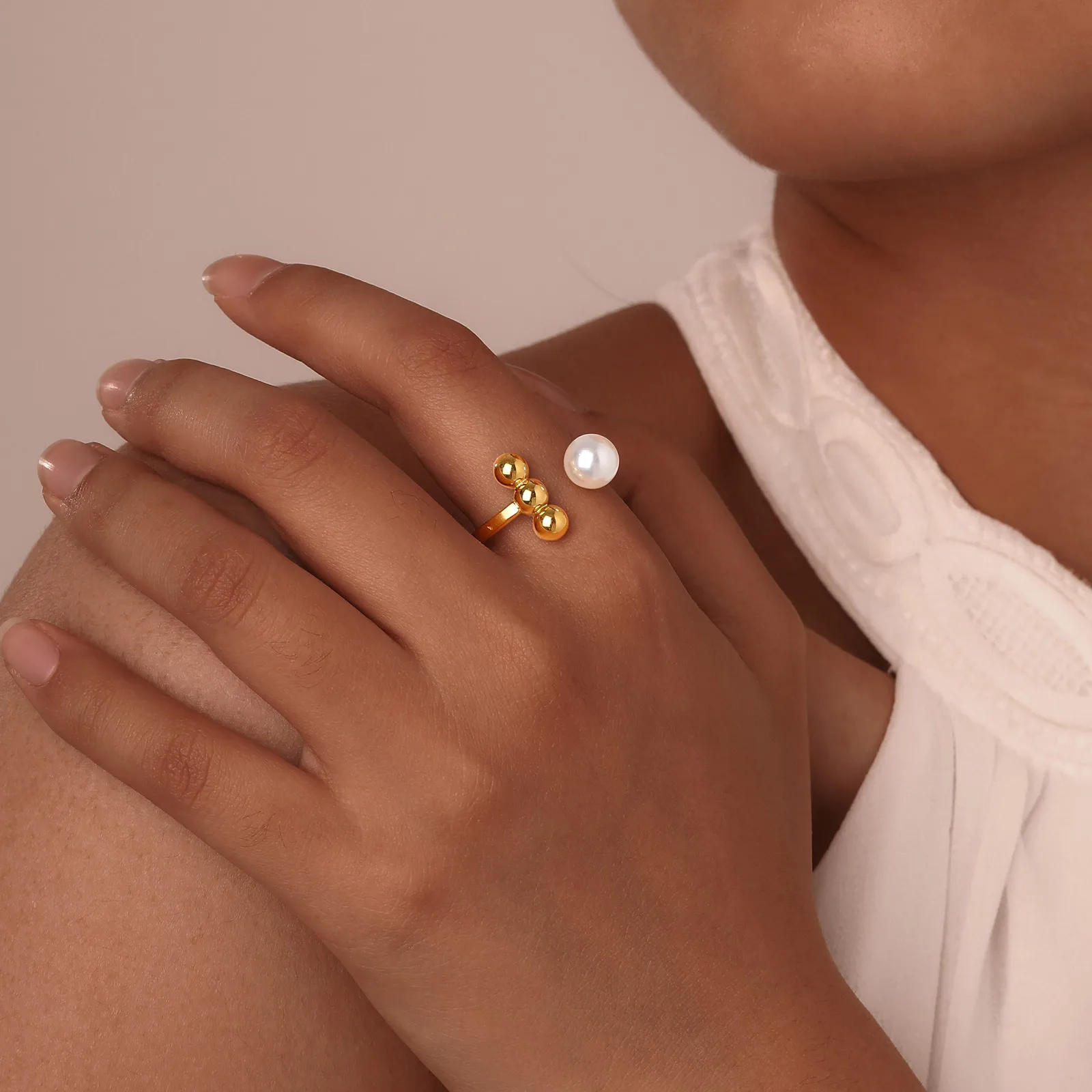 

3 Steel Balls Imitation Pearl Open Ring Gold Color for Women Chic Gold Color Stainless Steel Daily Party Anniversary Jewelry
