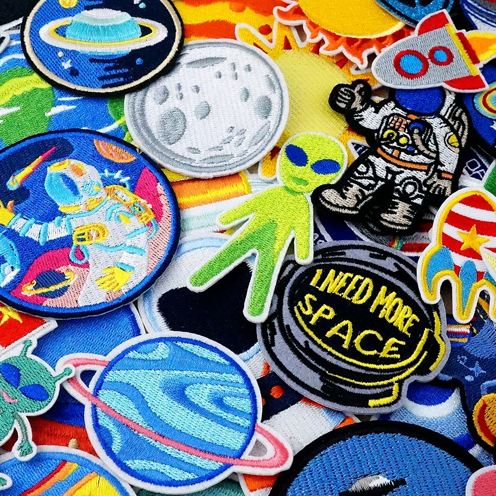 Space Planet Satellite Astronaut Iron on Patches for Clothes Embroidery Patch Decorate Repair Material Stickers Sewn or Ironed