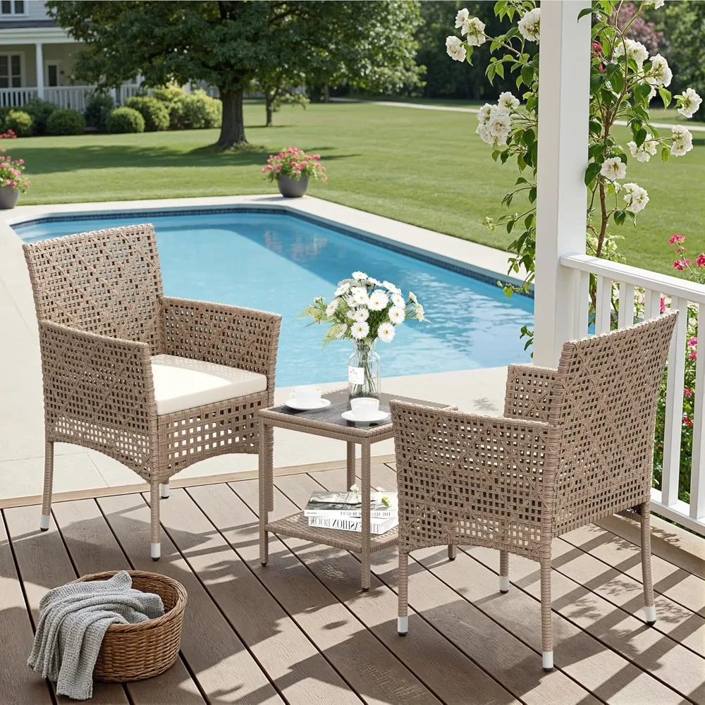 

Patio Furniture Set 3 Pieces Outdoor Wicker Chairs Set of 2 with Coffee Table for Outside Porch Balcony (Gray)