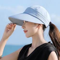 Detachable Women Summer Sun Hat Casual Foldable UV Protection Beach Cap Adjustable Wide Brim Empty Top Ponytail Cap Visors