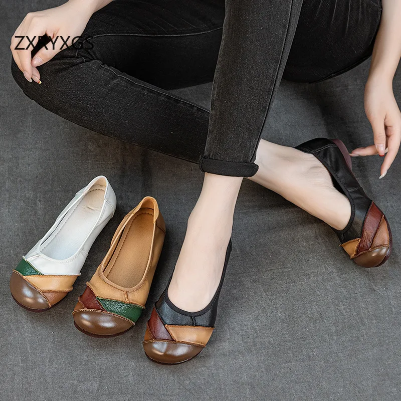 ZXRYXGS Promotion Top Cowhide Spell Color Women Trendy Shoes Flat 2026 Roud Toe Soft Sole Comfortable Flats Fashion Casual Shoes