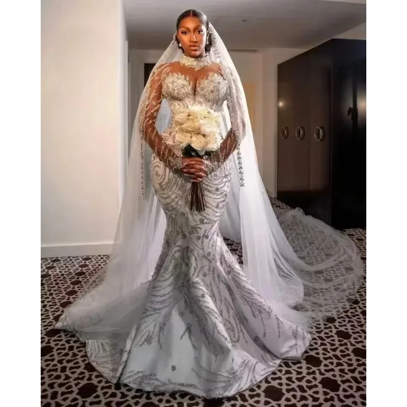 Customized New Luxury Heavy Industry Embroidered Beaded Lace Slim Fit Fishtail Tail Women Wedding Dress Custom Made Bridal Bride