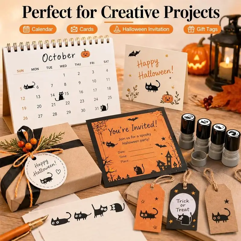 1/4‑Pack Vintage Halloween Black Cat Self‑Inking Stamp Set, Refillable Mini Kitten Craft Stamps, Portable Decorative Seals