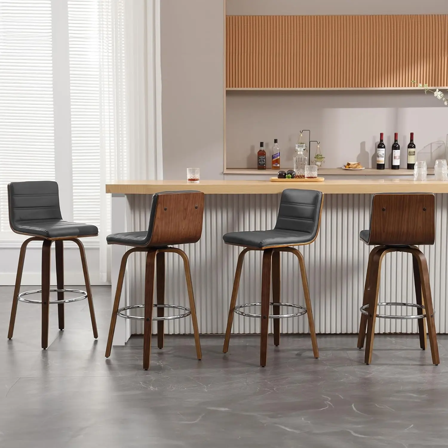 Upholstered PU Leather Barstool, L Shape Back and Padded Seat, Mid-Century Modern Bar Stool Chairs for Kitchen Island, Grey