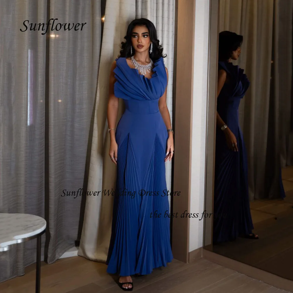 Sunflower Blue V-Neck Evening Dress 2023 Slim Backless Crepe Sleeveless Pleat Mermaid Prom dress Floor-Length Party Dress