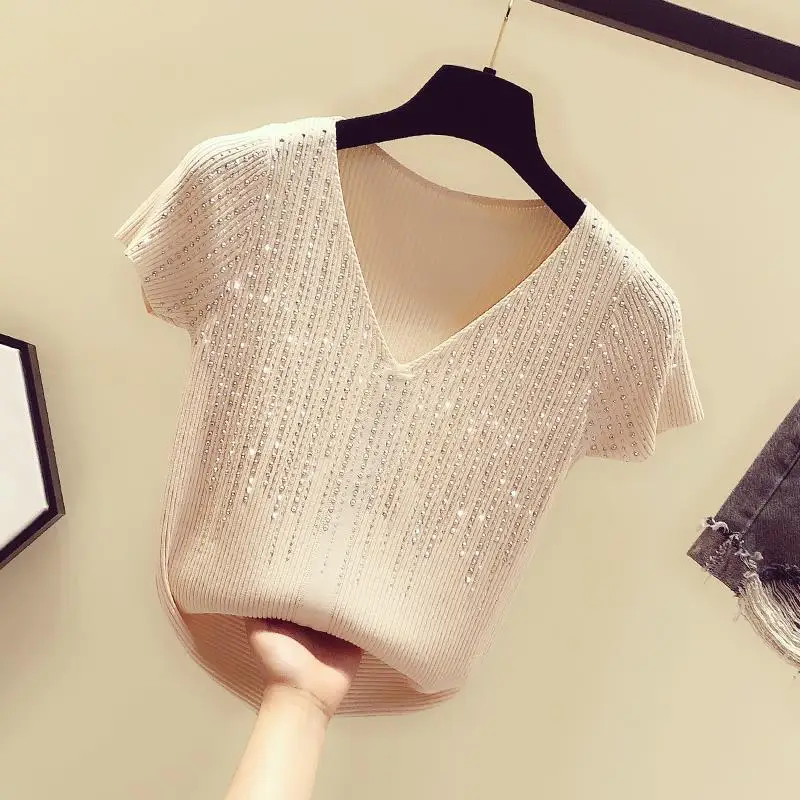 Summer Women Sweater diamond Knitted Solid color pullove short sleeve Female Casual Loose Thin Women\'s clothing 2023