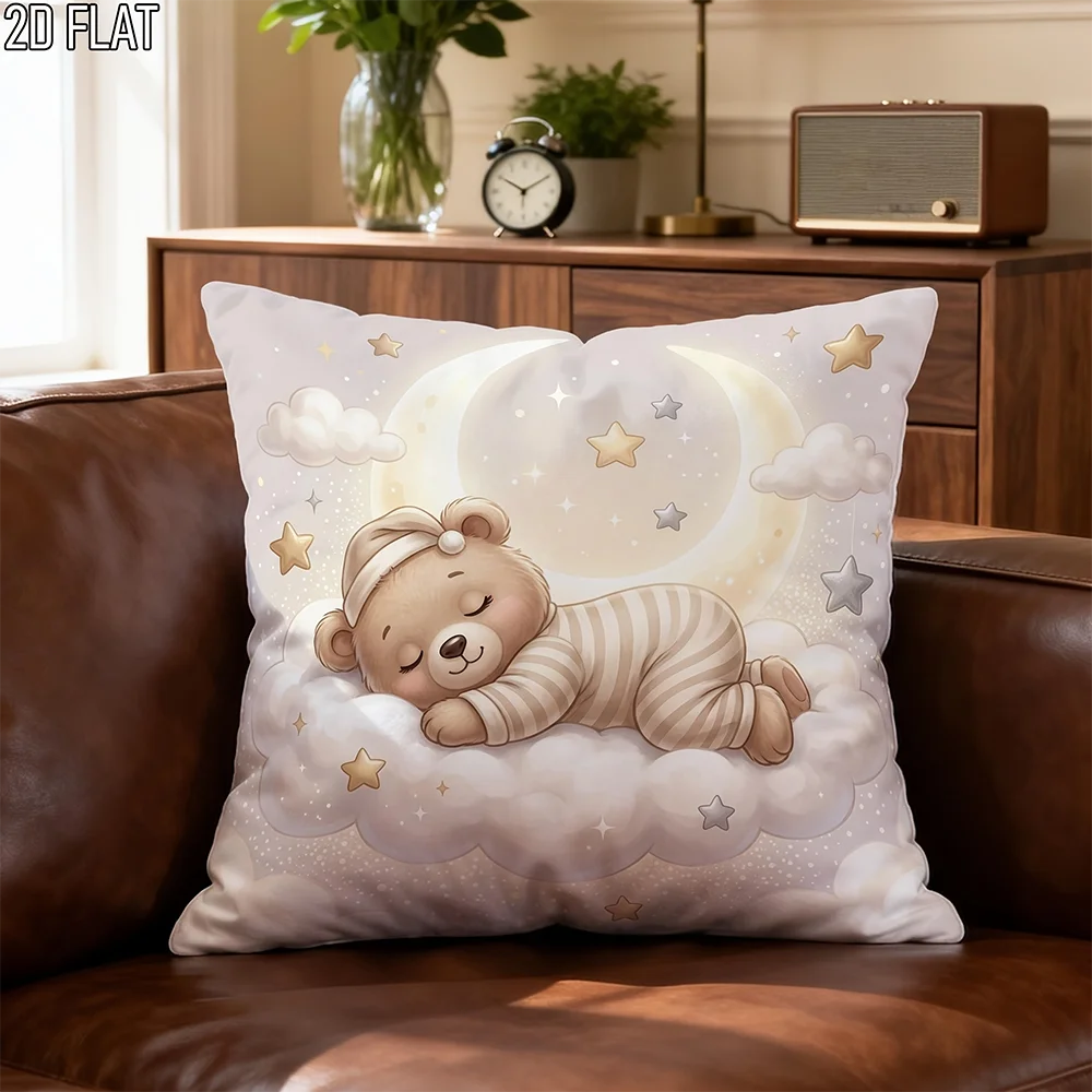 1pc Cute Sleeping Teddy Bear Moon Star Throw Pillow Cover Cozy Nursery Home Decor Cushion Case