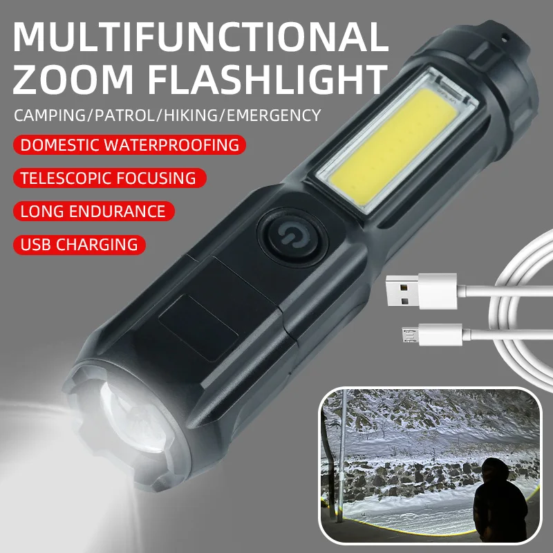 Mini Flashlight with Multifunctional Focus Strong Light Long-distance Shooting Convenient Charging COB Side Light Flashlight