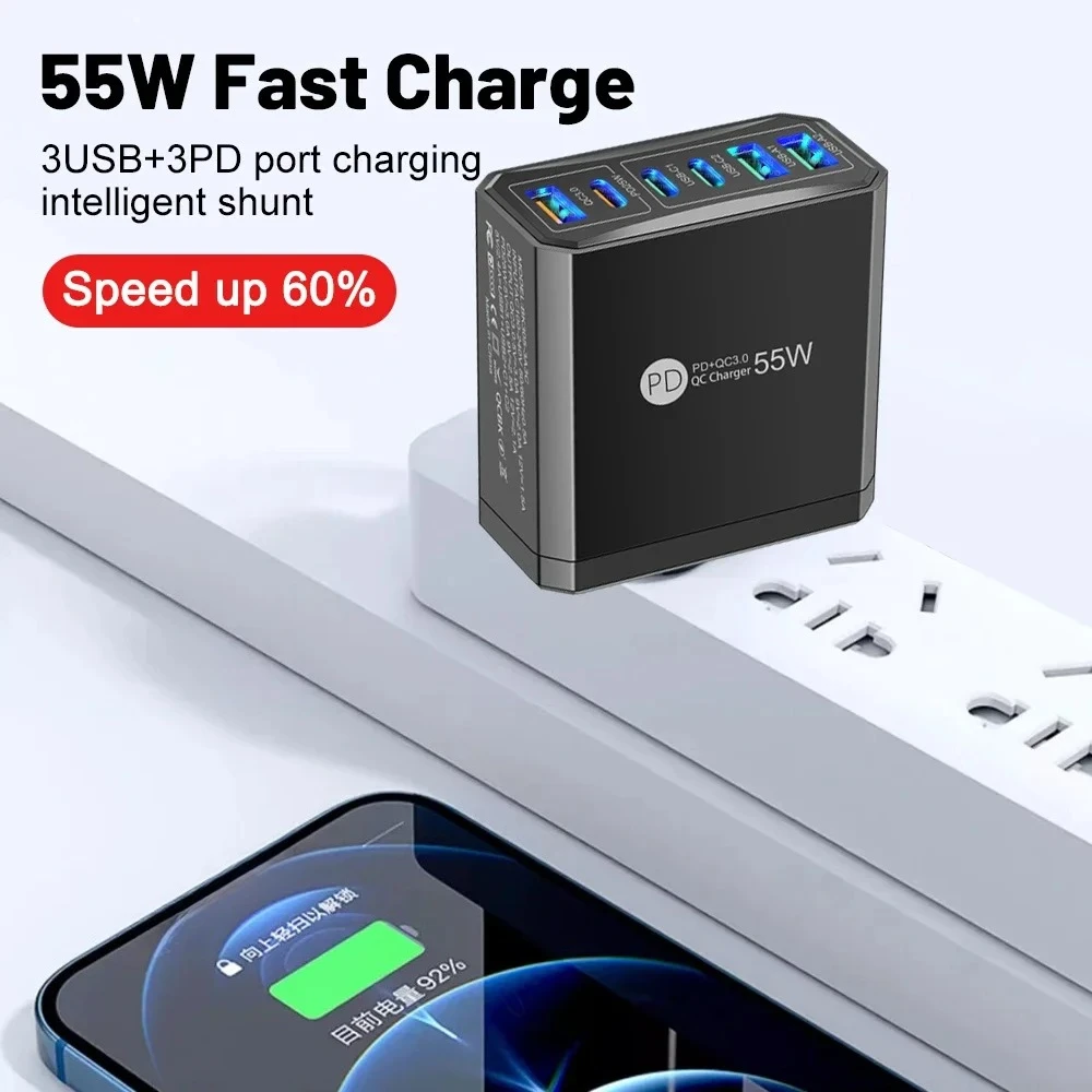 55W PD 6 Port USB Quick Charging Wall Power Adapter Multi Device Fast Charger EU/US Travel Plug for iPhone Samsung Huawei Xiaomi