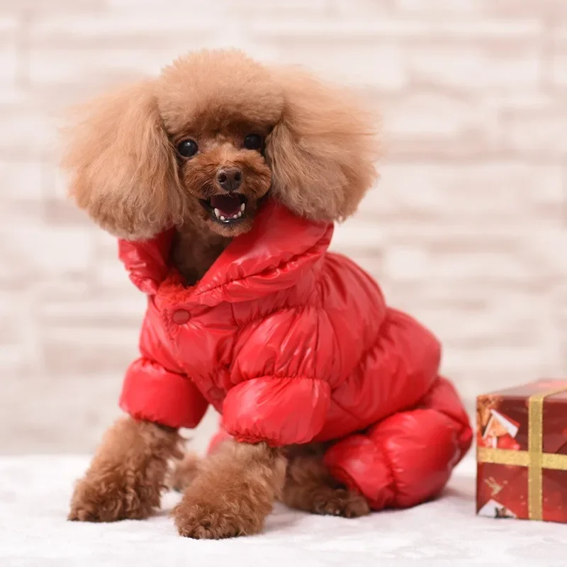 Dog Cat Winter Faux Leather Waterproof Clothes Jumpsuit Hoodie Pet Puppy Coat Down Jacket Thicken Warm Suit Puppy Clothes