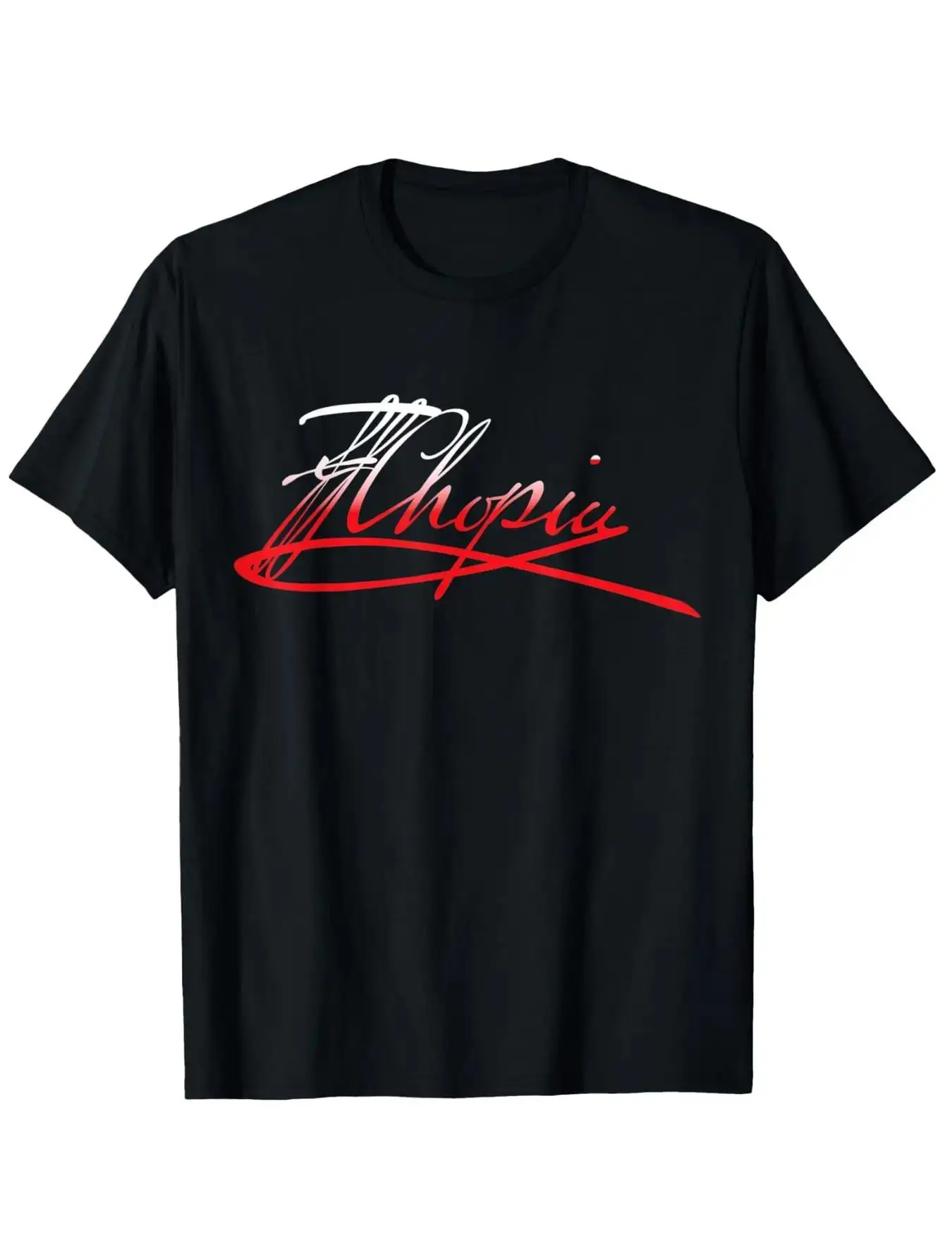 T-Shirt with Frederick Chopin'S Signature - Showcasing a Vintage Casual Design with Red Handwritten Text, Made from Soft, Breathable Material, Short Sleeves And a Round Neck