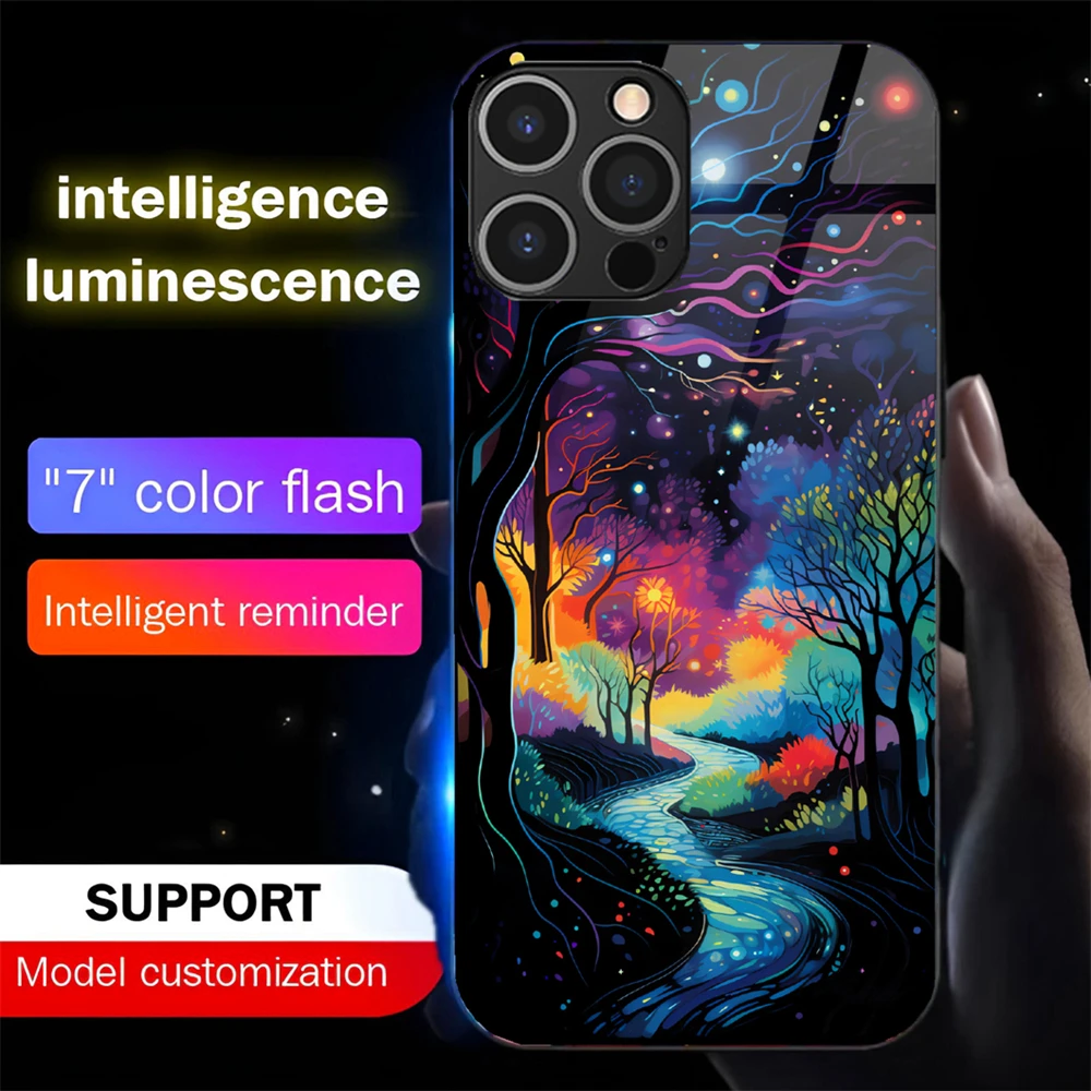 

Pretty Wonderland Landscape Smart LED Light Glow Tempered Glass Phone Case For iPhone 16 E 15 14 13 12 11 Pro Max XS XR Plus SE