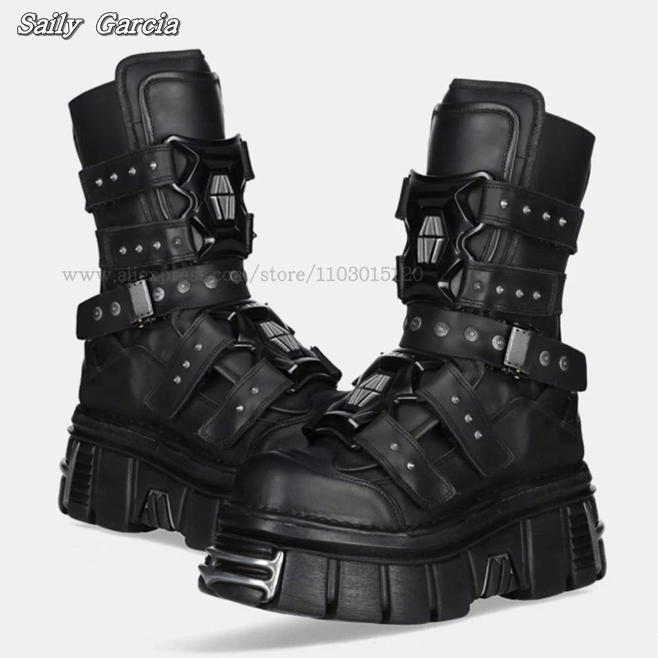 Black Rock Punk Style Chunky Heel Motorcycle Boots Autumn Size 35-45 Hook&Loop Modren Boots Round Toe Platform 6CM Heel Boots