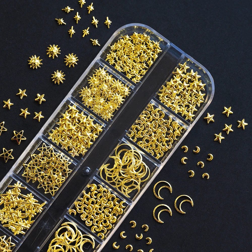 12 กริดโลหะผสมเล็บ Rivets Studs ทองผสม Sun Moon Star METALLIC เล็บ Charms โลหะ 3D Rhinestones DIY เคล็ดลับเล็บตกแต่ง