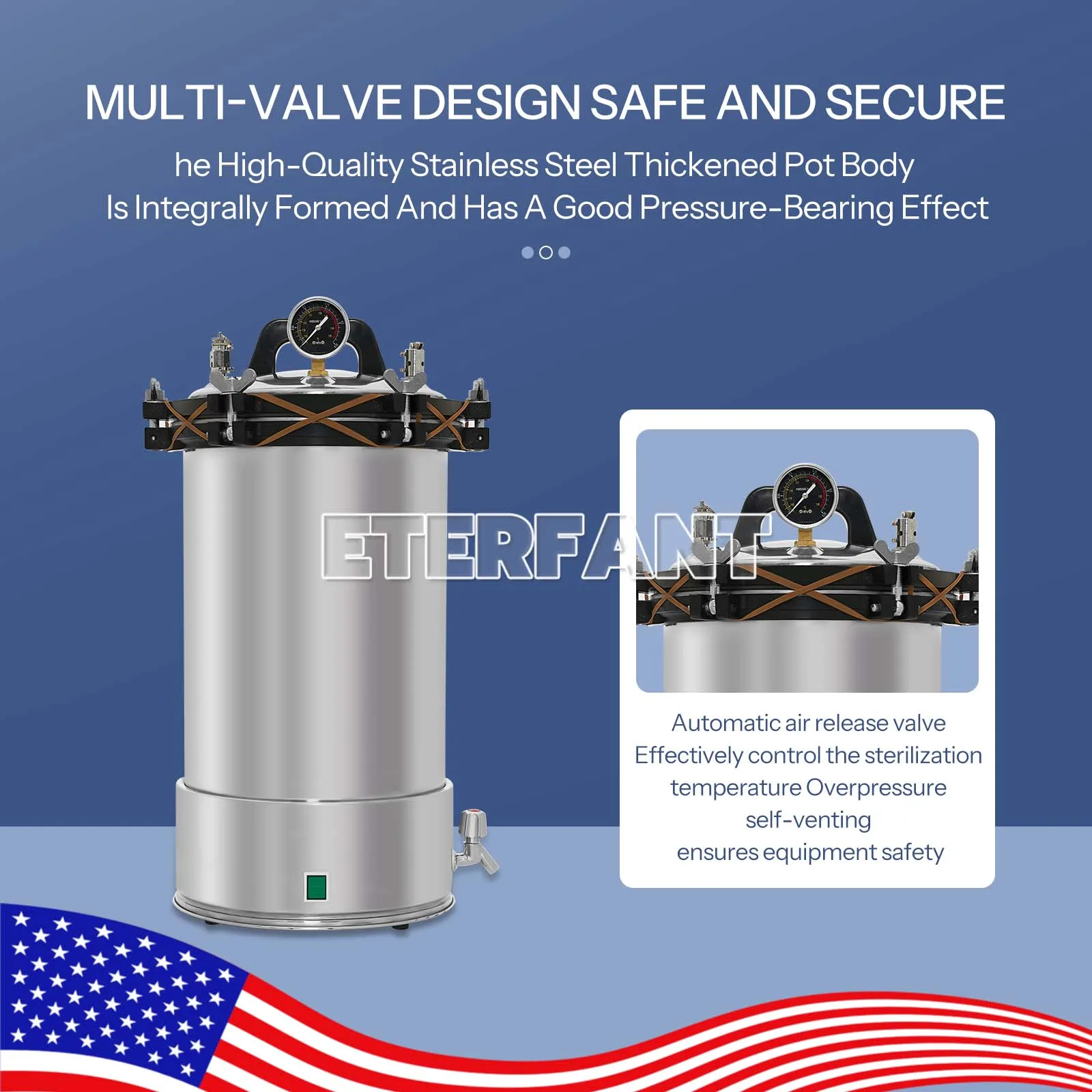 หม้อนึ่งฆ่าเชื้อแบบตั้งโต๊ะ ความจุ 24 ลิตร ทำจากสแตนเลส ใช้ความดันและไฟฟ้า/ใช้ถ่านและไฟฟ้า/หม้อนึ่งฆ่าเชื้อด้วยไอน้ำและรังสียูวี ความจุ 27 ลิตร