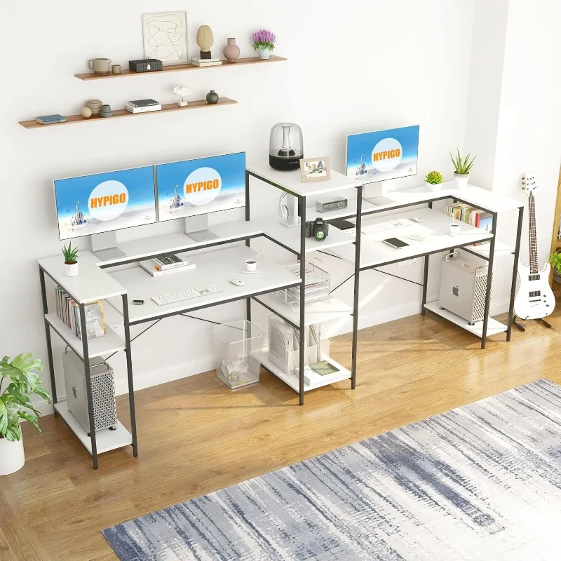 White Double Computer Desk, with Storage Shelves & Monitor Stand, Large Office Desk Study Writing Table for Home Office