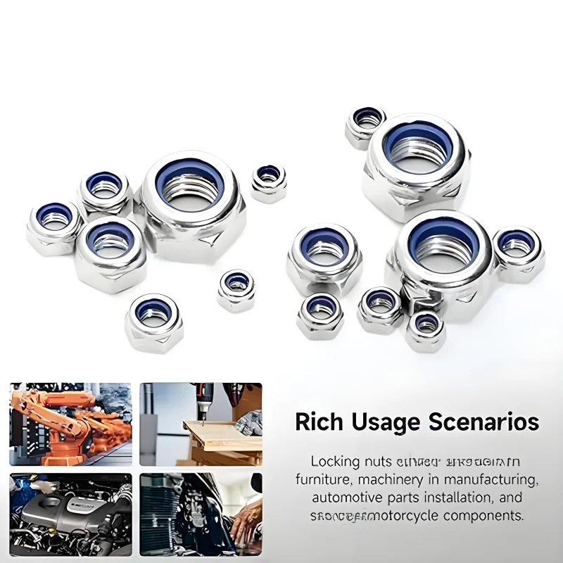 304 Stainless Steel Hex Nylon Lock Nuts M2 M2.5 M3 M4 M5 M6 M8 M10 M12 M14 M16 M20 Hexagon Hex Self-locking Nylock Nut Locknuts.
