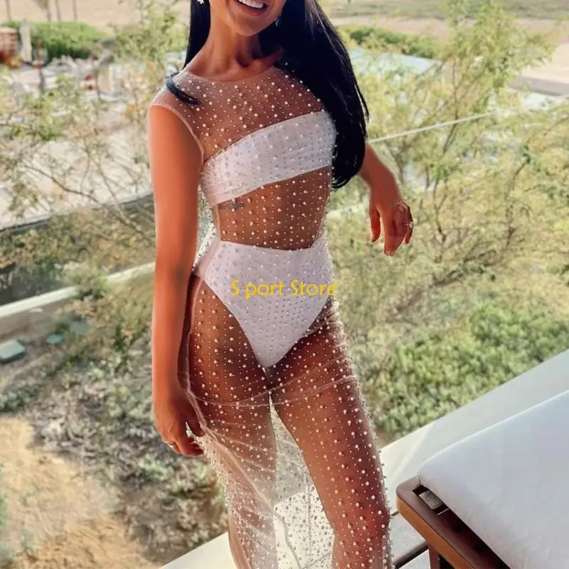 U2JB dames mesh-bikinis cover-up mouwloze maxi-jurk badpak cover-up