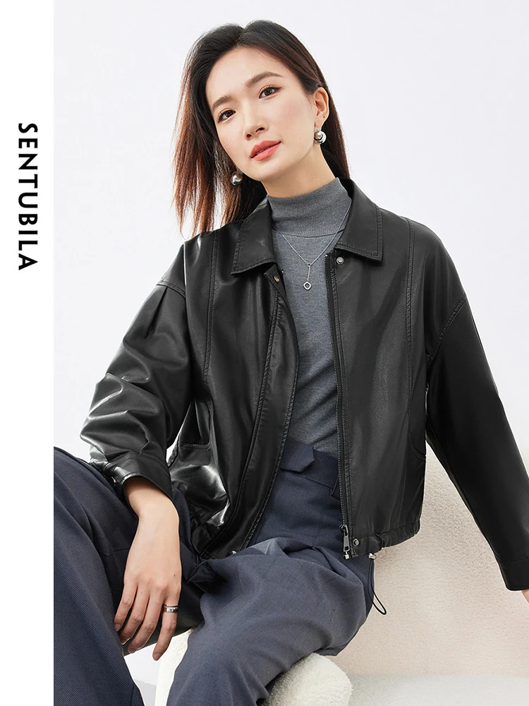 SENTUBILA Pu Leather Cropped Bomber Jacket Women Female Short Outerwear 2024 Spring Coffee Lapel Full-zip Solid Jackets W41G527