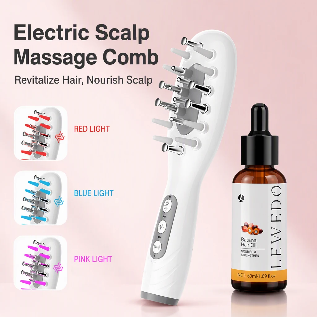 Electric Vibration Head Massage Comb + 50ml Hair Growth Oil Red Light Therapy Micro-current Hair Massager Comb Scalp Applicator