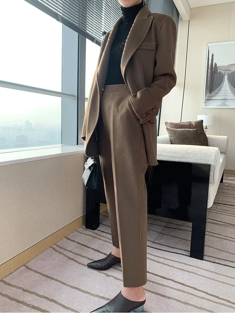 Autumn Winter Woolen Pant Suits Women Thick Belted Jackets Ladies Wool High Waist Pants Warm Trousers Set Female