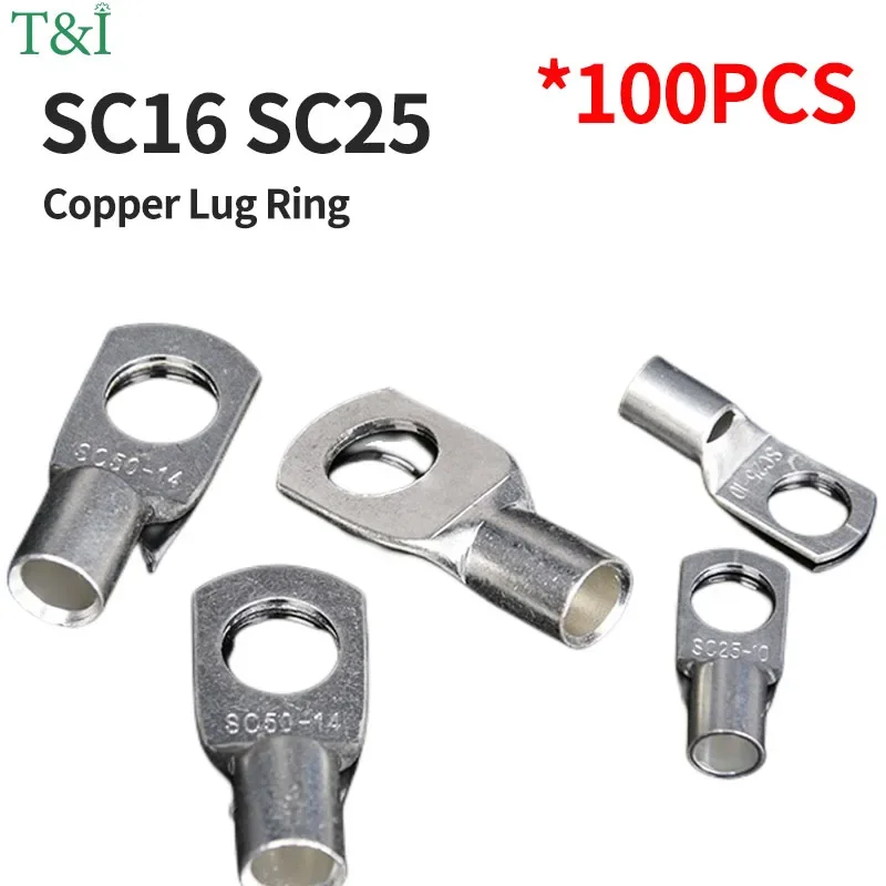 

100PCS Copper Lug Ring Wire Connector Bare Cable Electric Crimp Cold Pressing Terminal SC16-6 SC16-8 SC16-10 SC25-6 SC25-8