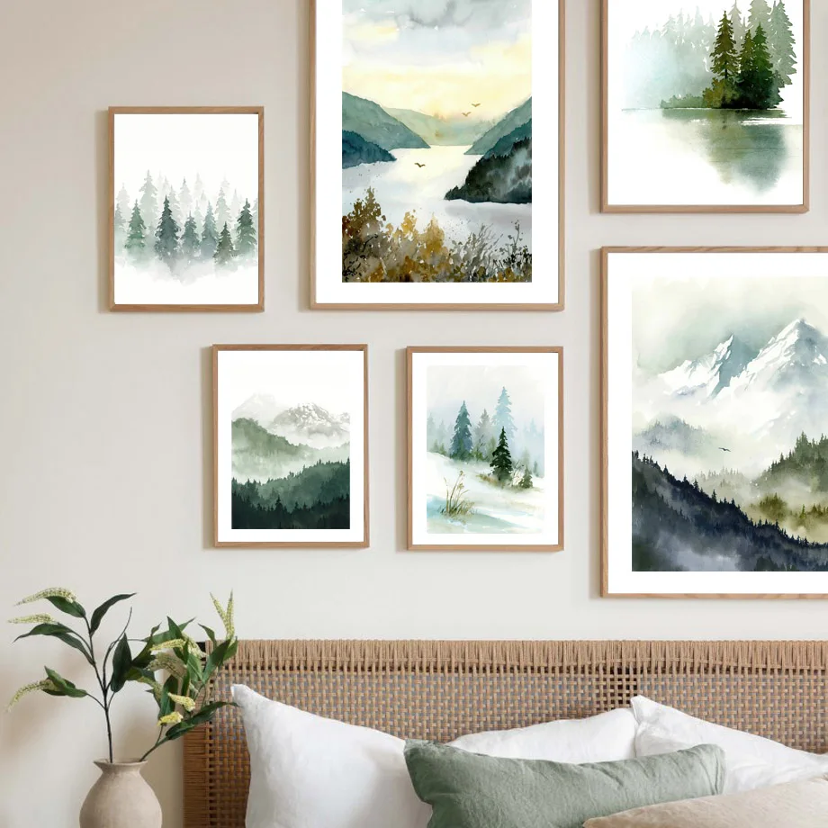 Foggy Mountain Canvas Nordic Poster and Prints, Wall Art, Picture for Living Room Decor, Forest, Pine, Sage, Green