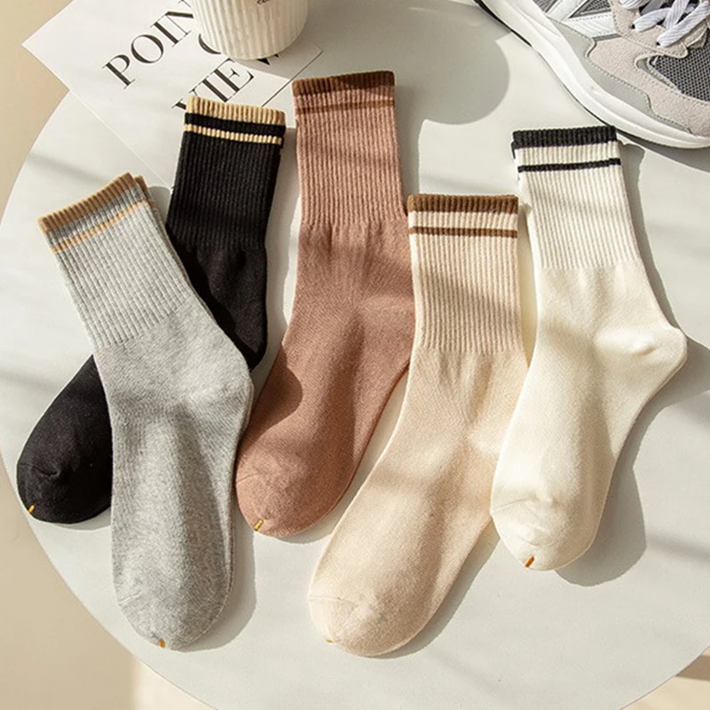 2Pair New Fashion Socks Solid Color Striped Socks Casual Sports Socks Casual Cotton Comfy Breathable Socks For Women Girls