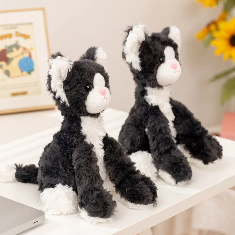 Poupée Devon Rex assise noire de 25cm, oreiller en peluche de chat à longues jambes, Animal de dessin animé doux, peluche réconfortante, cadeau d'anniversaire