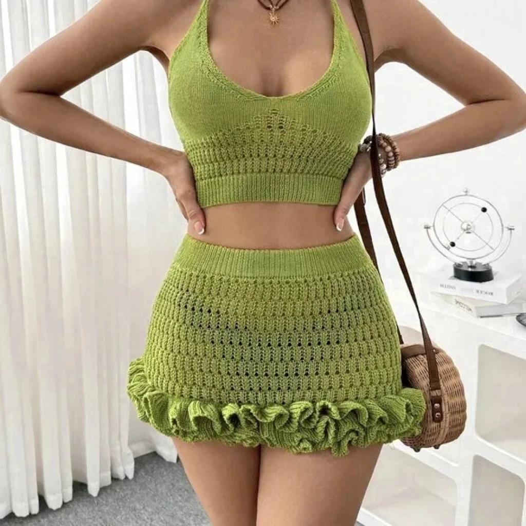 Summer Beach Vacation Knit Short Dress Set, Tie Up Top Slim-Fitting Ruffle Skirt Bikini Suit, Sexy Plain Style, Two Piece