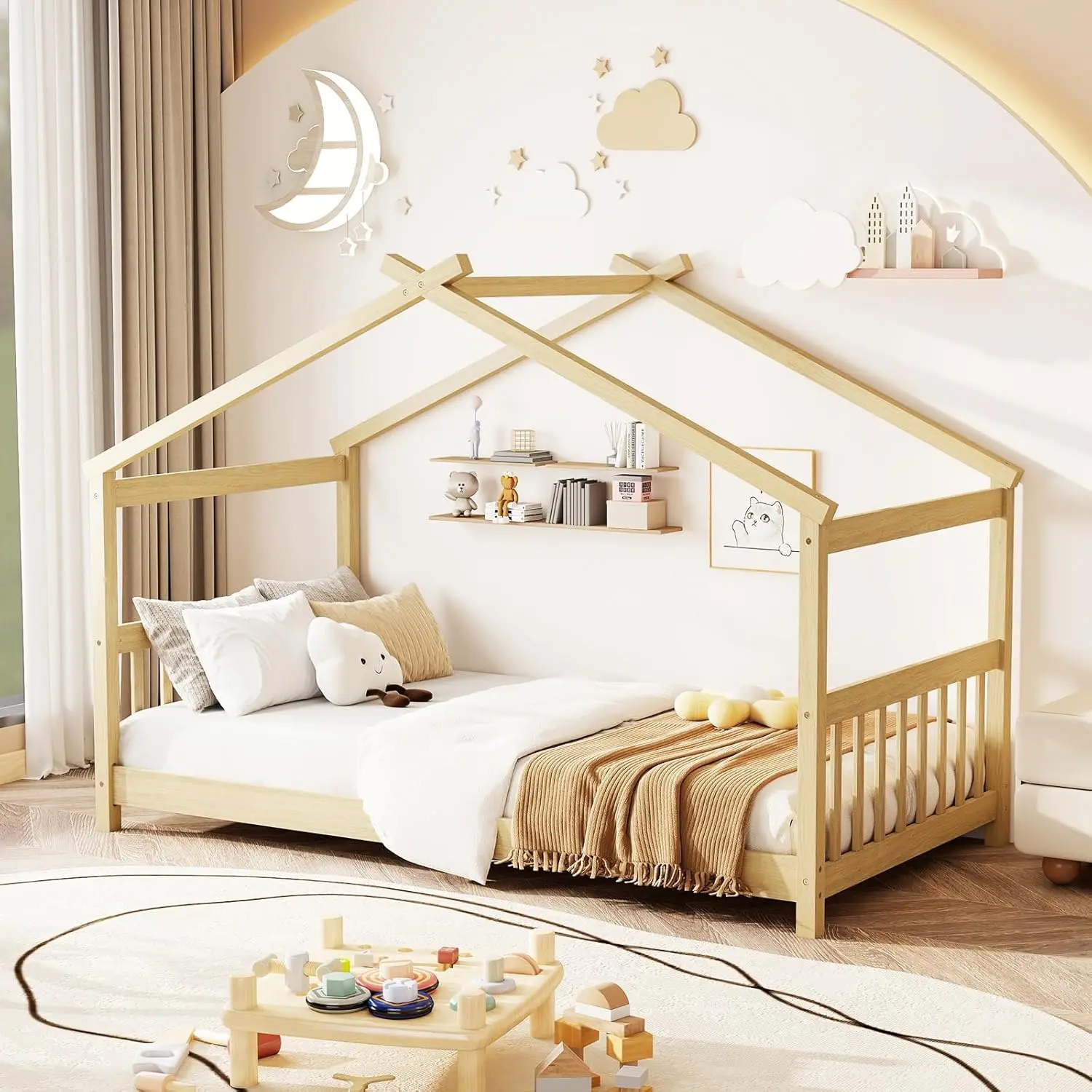 سرير مزدوج من الخشب مع لوح أمامي ولوح للقدمين، لا حاجة إلى صندوق زنبركي، طراز مونتيسوري