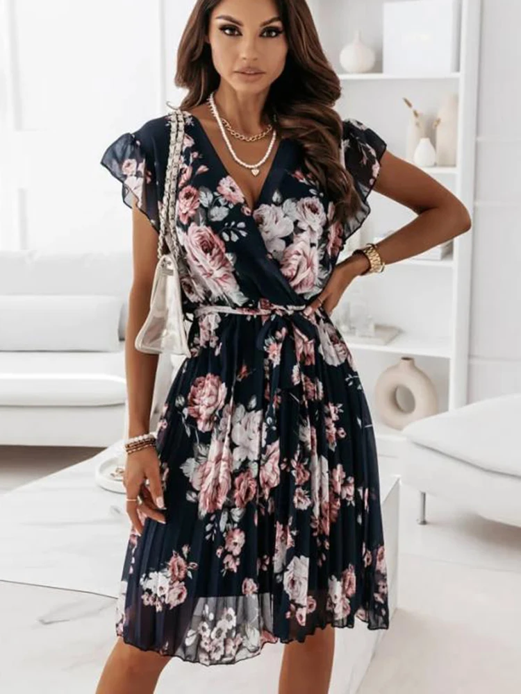 Donna 2023 abito con stampa floreale Summer Fashion Spaghetti Strap Off spalla abiti senza maniche Holiday a-line Mesh Fabric Vestidos