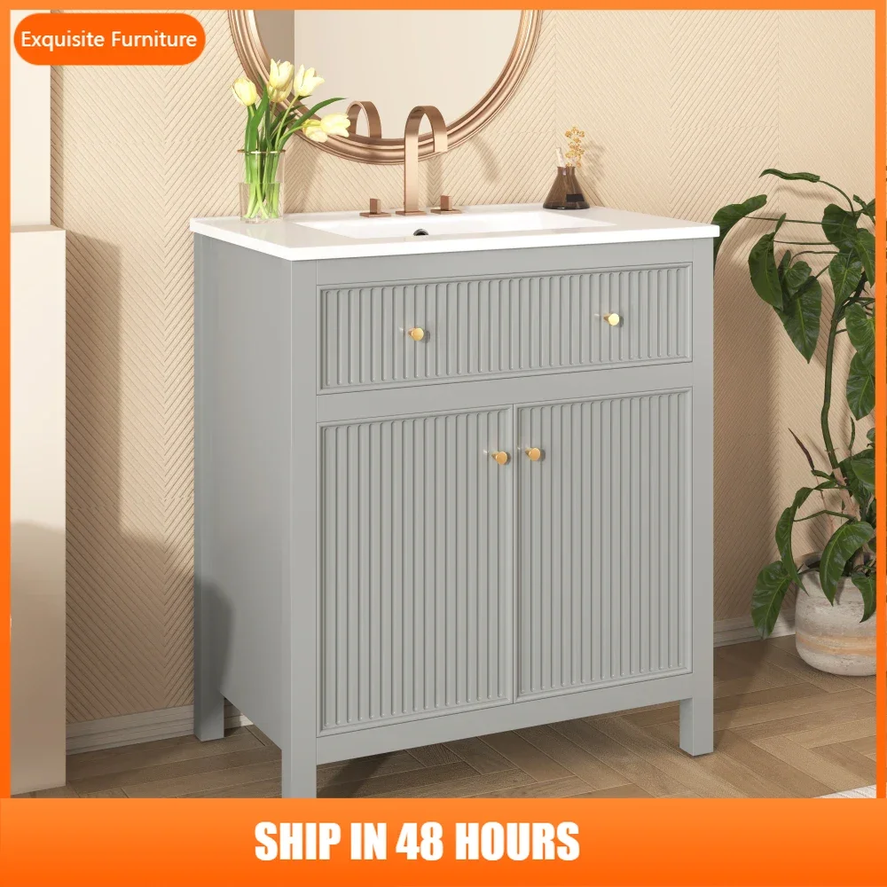 

30-дюймовый туалетный столик для ванной комнаты с керамической раковиной, отдельно стоящий одинарный туалетный столик с мягкими закрывающимися дверцами, современный стиль, серый