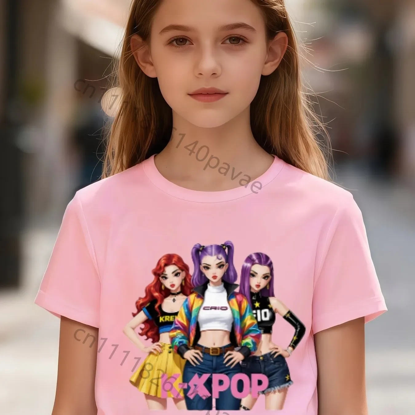 Girls' Anime Idol T-shirt with K-POP Girl Group Print Breathable Pure Cotton Short-Sleeve Suitable for Everyday Wear