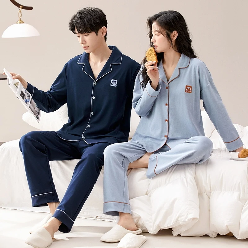 2024 Autumn Winter Couple Long Sleeve 100% Cotton Pajama Sets for Men Korean Loose Sleepwear Pyjamas Women Homewear Home Clothes