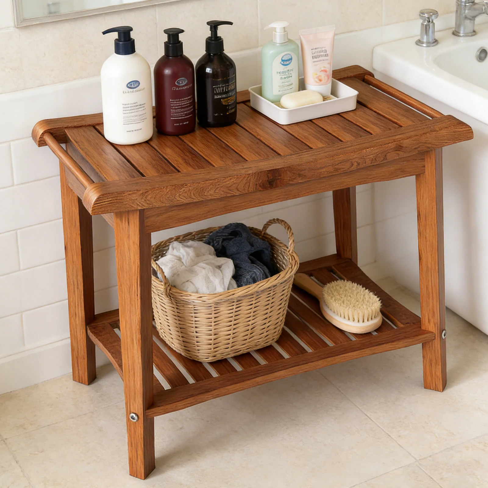 

Shower Bench Wood Water Proof Ergonomic Shower Stool with Storage Shelf for Bathroom Spa Water Proof Shower Bench Wood Bath Seat
