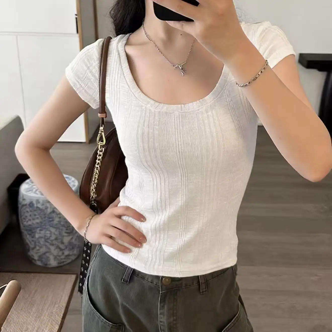 Fashion 2026 Big U Collar Pit Strip Knitted Short Sleeve High Elasticity Slim Fit Pure Desire Style Short T-shirts