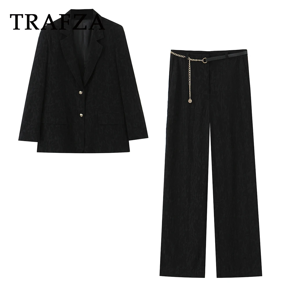 

TRAFZA Chic Black 2025 Autumn Office Lady Solid Suits Fashion Single Breasted Shoulder Pad Blazers+Chain Belt Zipper Long Pants