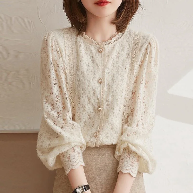 Woman Spring Autumn Style Lace Blouses Tops Lady Casual Long Lantern Sleeve Stand Collar Blusas Tops SP1529