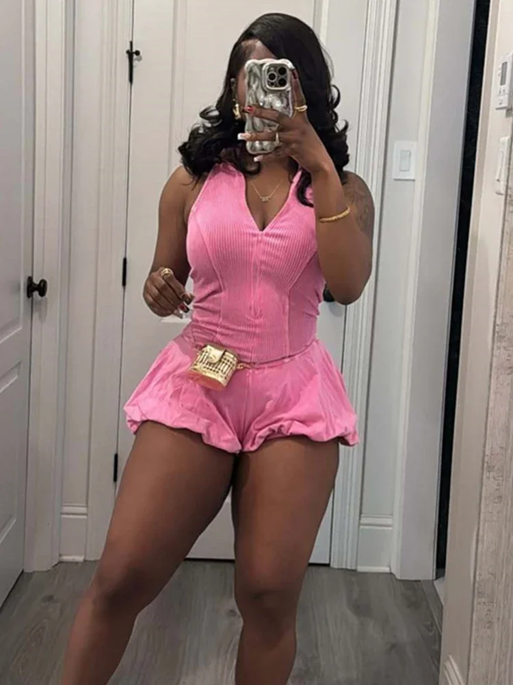 Casual Fashion Playsuits Woman V-Neck Sleeveless Shape Waist Puffy Hem Summer Hot Girls High Street Fashion Style Rompers