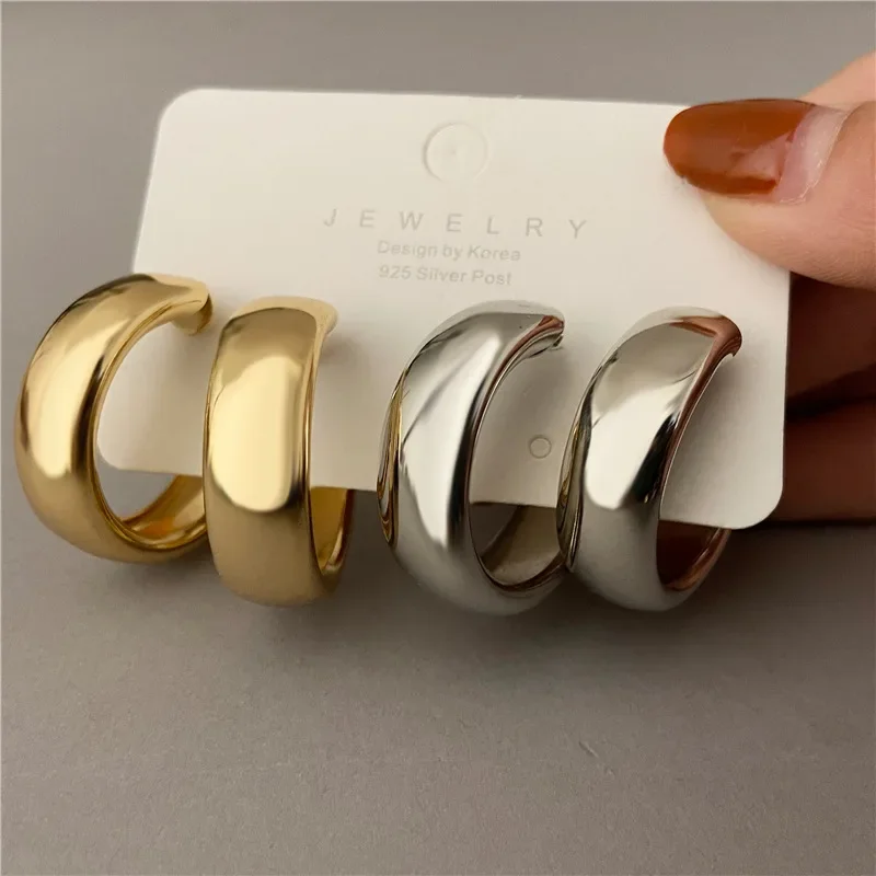 Trendy Simple Silver Color Hoop Earrings For Women Girl Circle Round Minimalist Earrings Party NEW C-shape Jewelry Gifts